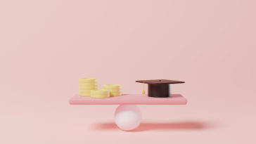 coins and a graduation cap on a balancing plank