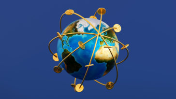 earth globe surrounded by a gold coin construction