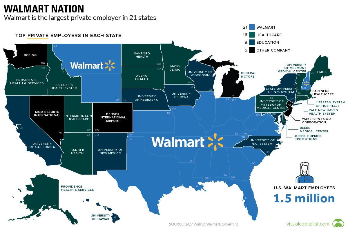map of USA with top private employers in each state