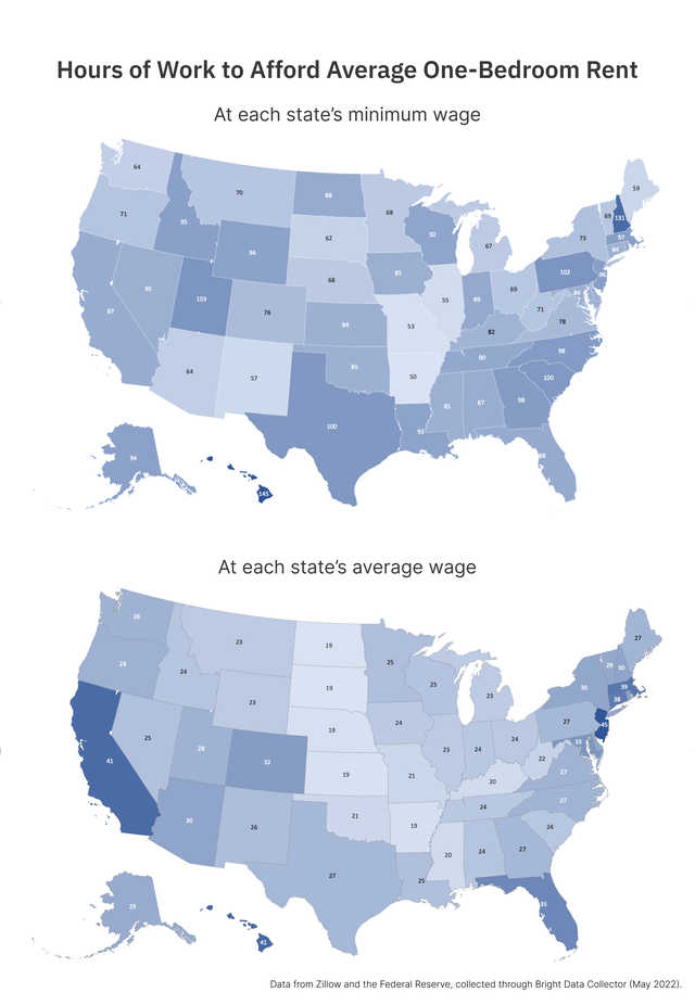 US map with hours of work to afford a bedroom rate by state