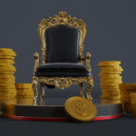 black and gold throne surrounded by gold coins
