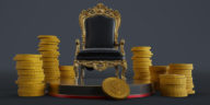 black and gold throne surrounded by gold coins