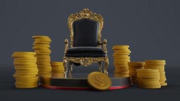 black and gold throne surrounded by gold coins