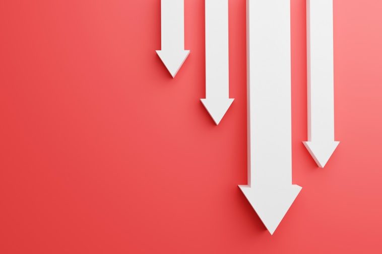 white arrows pointing downward on a red background