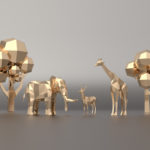 golden 3d models of an elephant, a gazelle, a giraffe and two threes