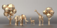 golden 3d models of an elephant, a gazelle, a giraffe and two threes