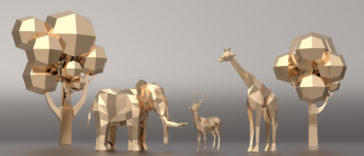 golden 3d models of an elephant, a gazelle, a giraffe and two threes