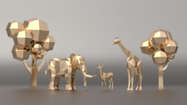 golden 3d models of an elephant, a gazelle, a giraffe and two threes