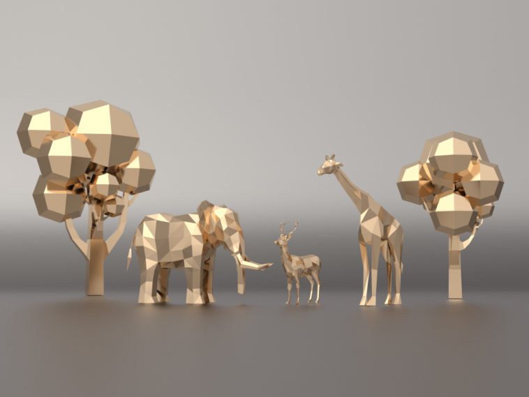 golden 3d models of an elephant, a gazelle, a giraffe and two threes