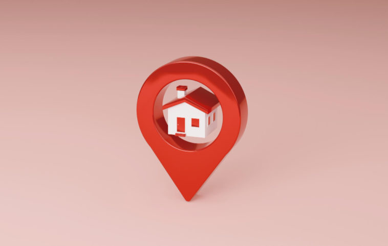 red location pin with a house icon