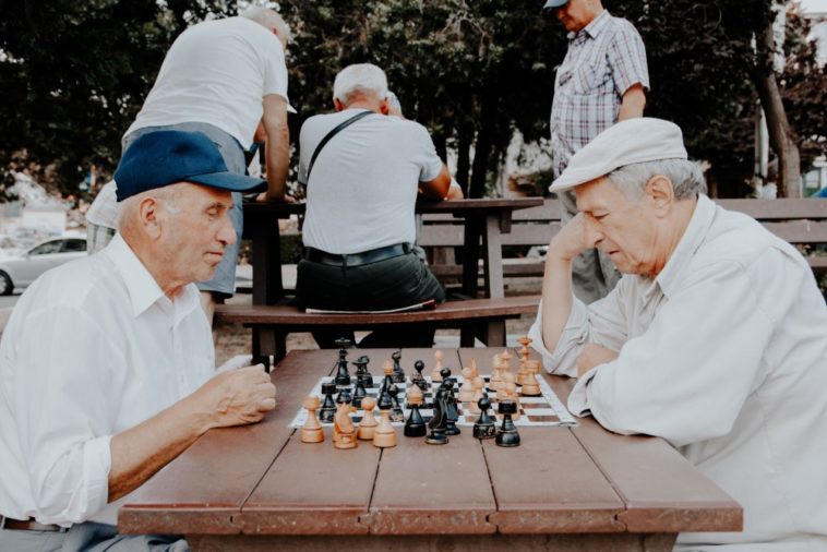 senior men playing chess in park