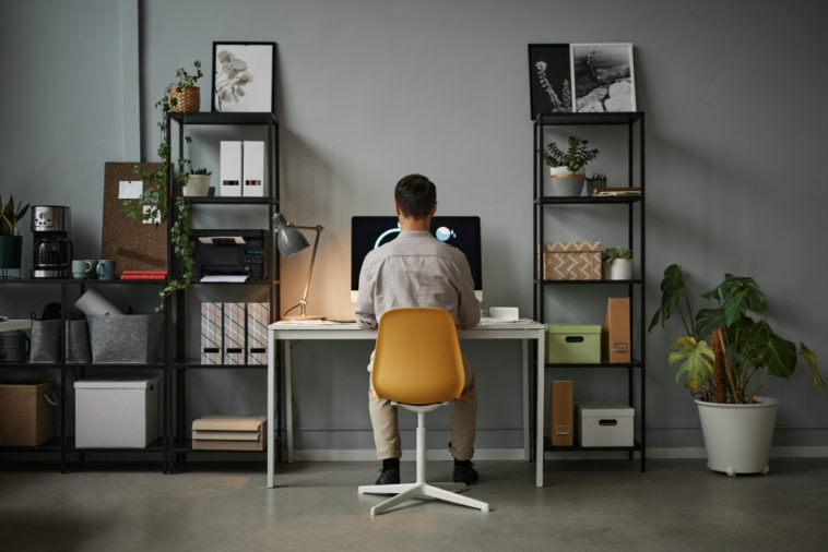 back view of a man using a computer in a home office