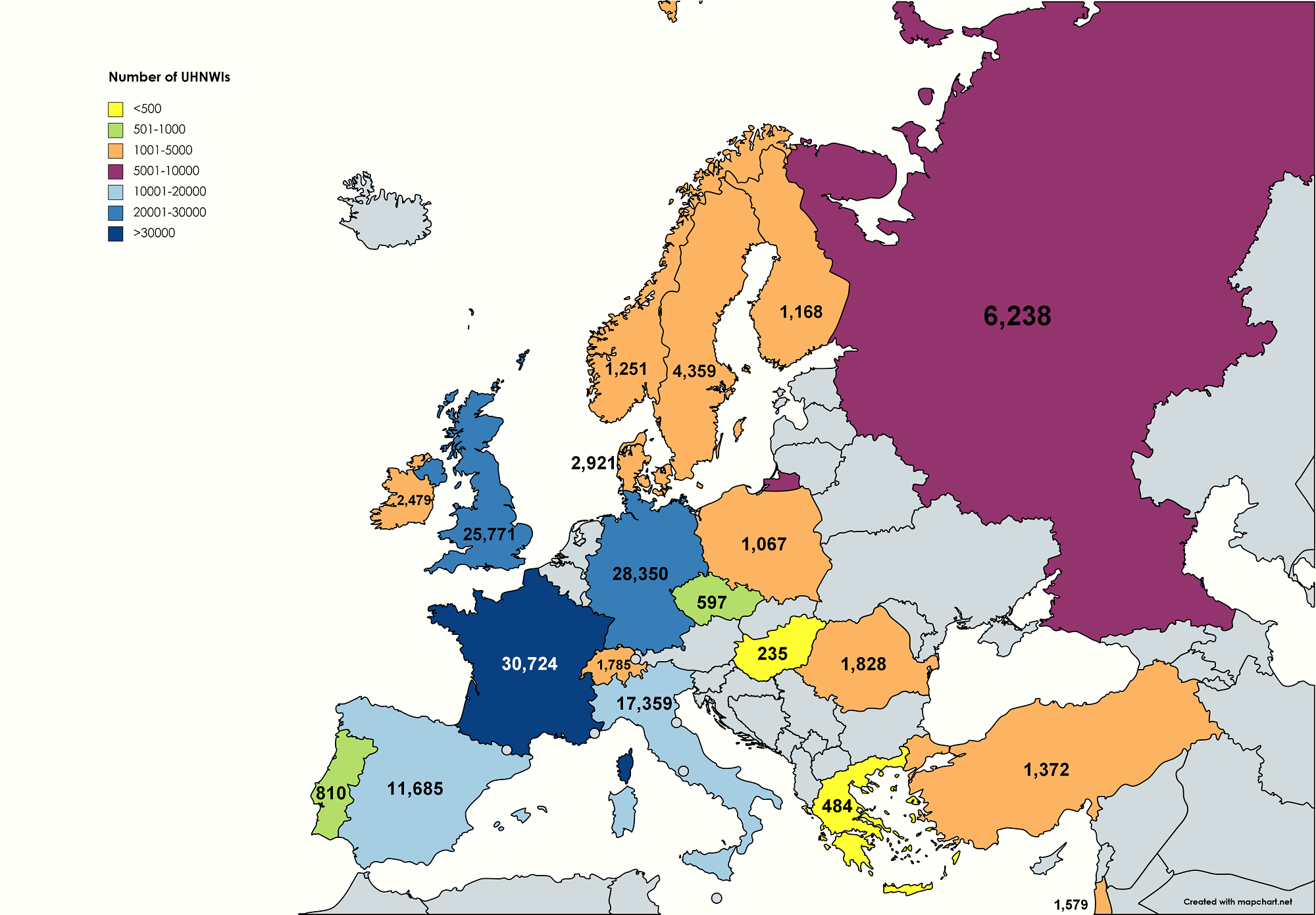 map of europe with stats on ultra-high net worth individuals