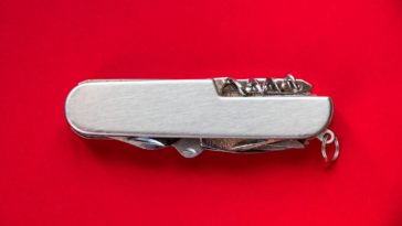 swiss army knife on a red background