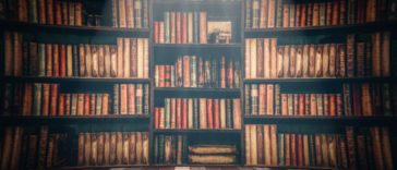 library shelves with books