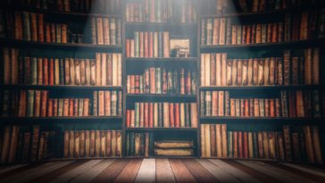 library shelves with books