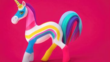 illustration of a multicolored unicorn with a bright pink background