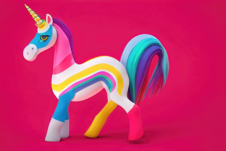 illustration of a multicolored unicorn with a bright pink background