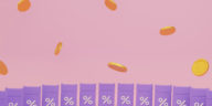 purple coupons and gold coins flying on a pink background