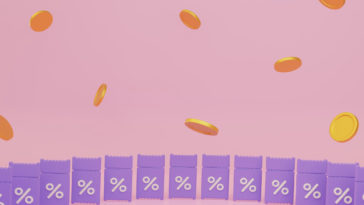 purple coupons and gold coins flying on a pink background