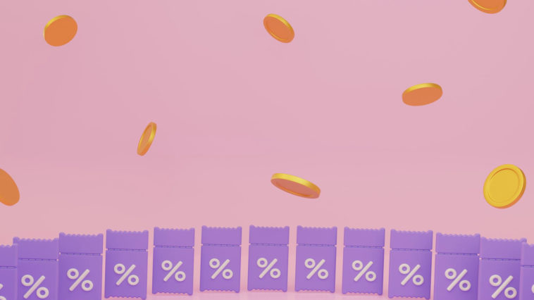 purple coupons and gold coins flying on a pink background