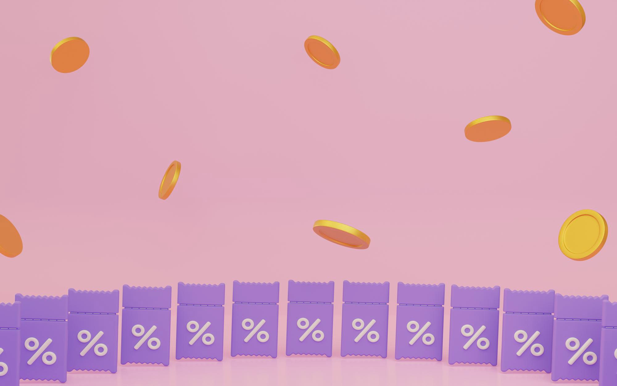 purple coupons and gold coins flying on a pink background