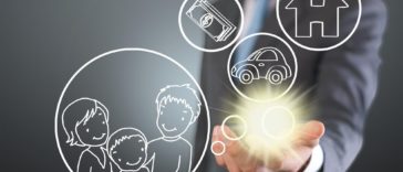 businessman with 3d icons of family, car, house and money