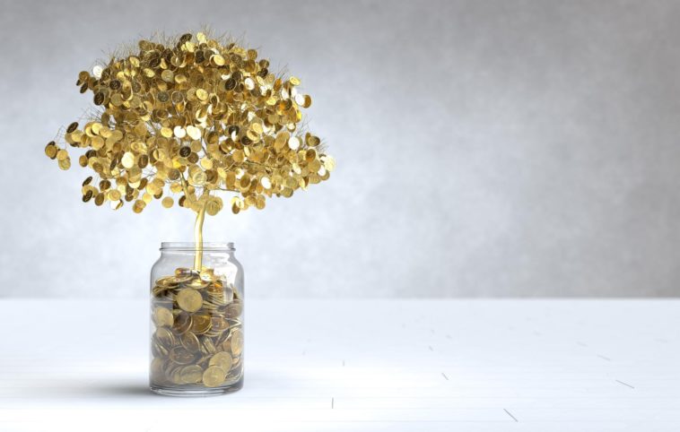 tree made of gold coins growing out of a jar of coins