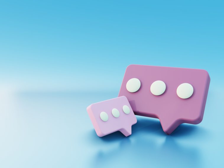 3D pink chat icons on a blue background