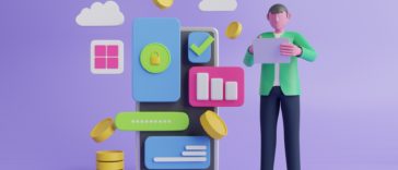 3D cartoon rendering of a person using a tablet with internet banking icons