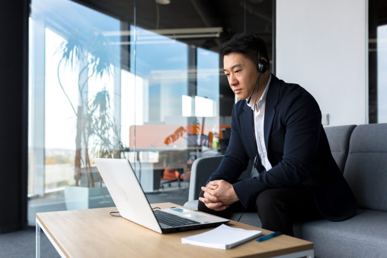 male businessman on a remote video call