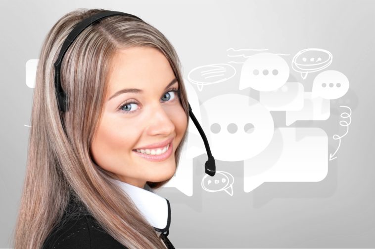 young woman with headphones with chat bubbles behind her