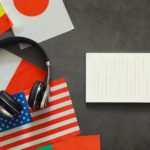 flags of different countries with headphones on them