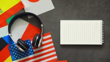 flags of different countries with headphones on them