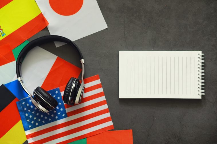 flags of different countries with headphones on them