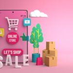 3d illustration of an online market with a smartphone with a pink background