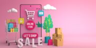 3d illustration of an online market with a smartphone with a pink background