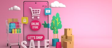 3d illustration of an online market with a smartphone with a pink background