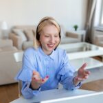 woman talking with headset at home