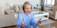 woman talking with headset at home