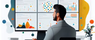 animated image of man sitting in front of a computer screen with an analytic dashboard