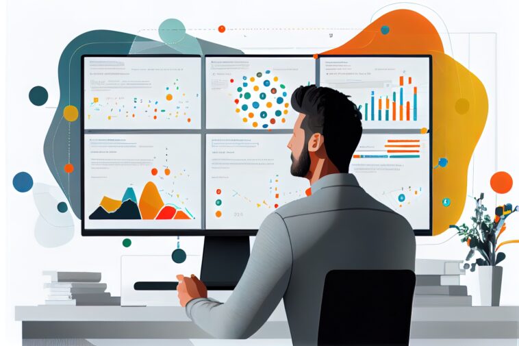 animated image of man sitting in front of a computer screen with an analytic dashboard