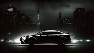 black Lexus with a dark city background