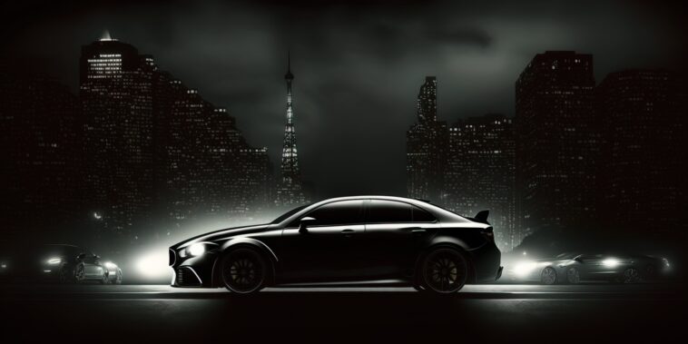 black Lexus with a dark city background