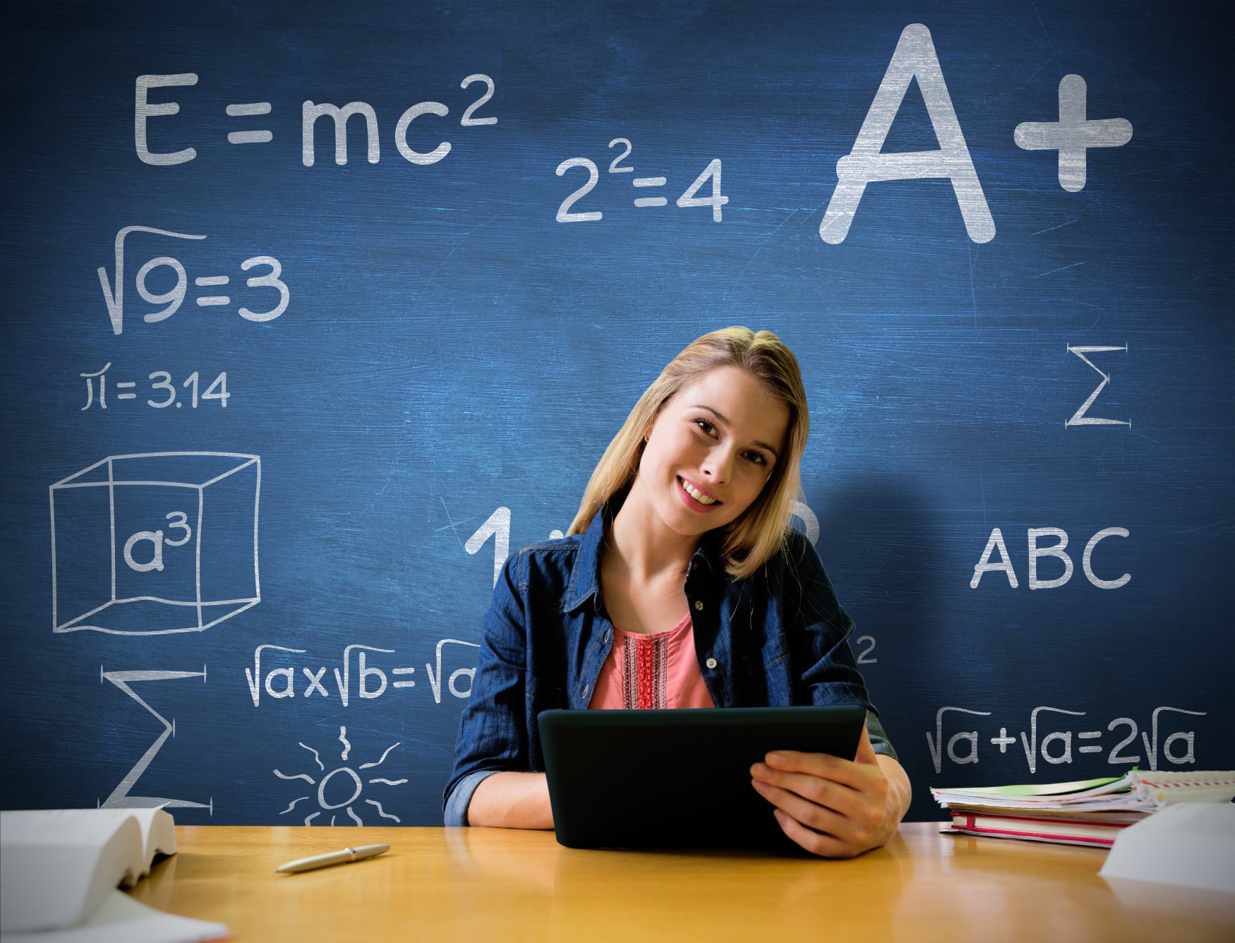 woman with a tablet in front of a blue chalkboard