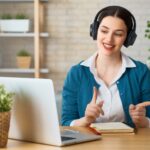 woman with headphones talking in front of a laptop