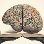 hands holding an open book with a abstract brain on top of it