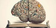 hands holding an open book with a abstract brain on top of it