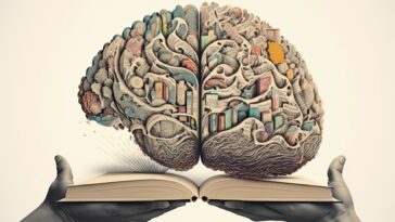 hands holding an open book with a abstract brain on top of it