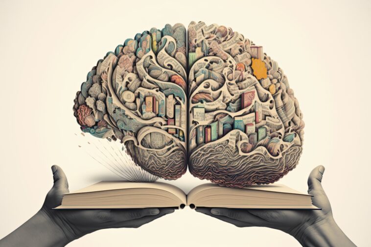 hands holding an open book with a abstract brain on top of it